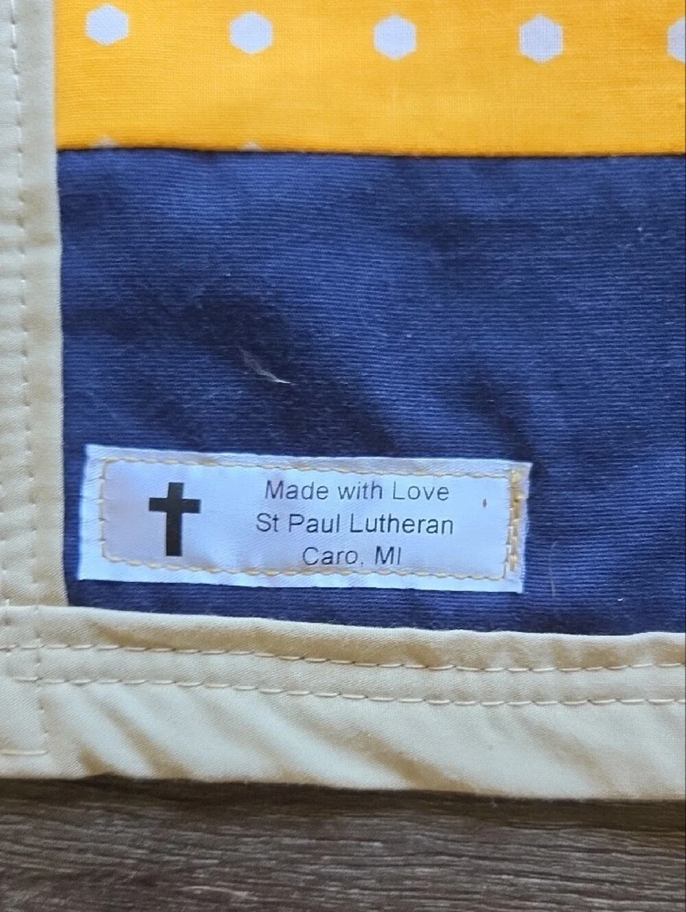 Handmade Navy & Yellow Baby Patchwork Quilt Blanket Polka Dot And Teddy Bear